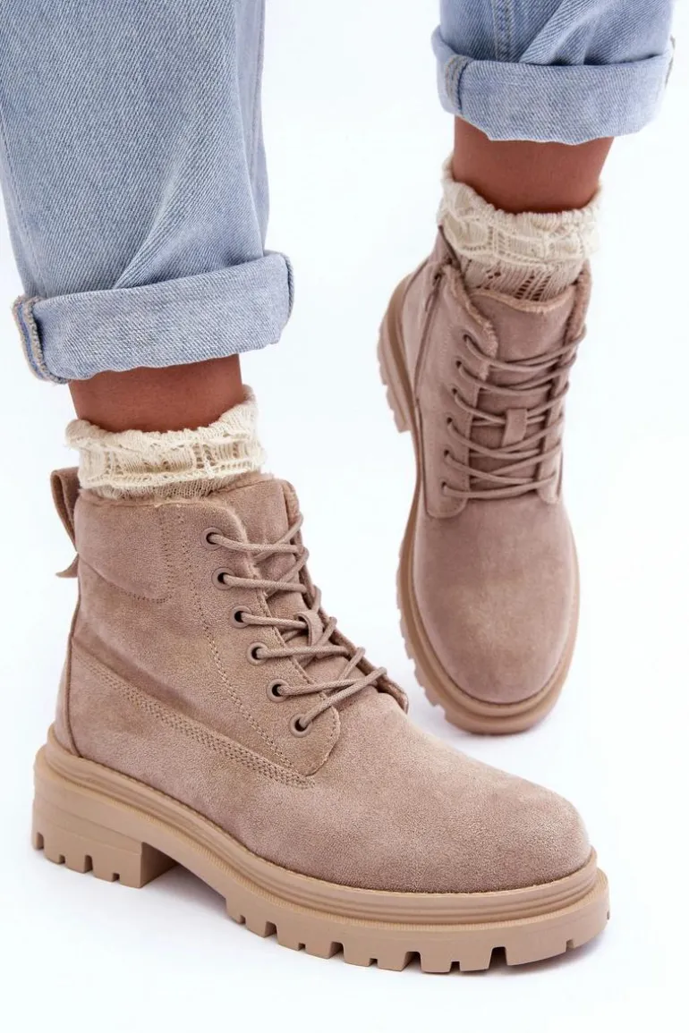 Zamszowe Trapery Botki Ocieplane Beżowe Alden
