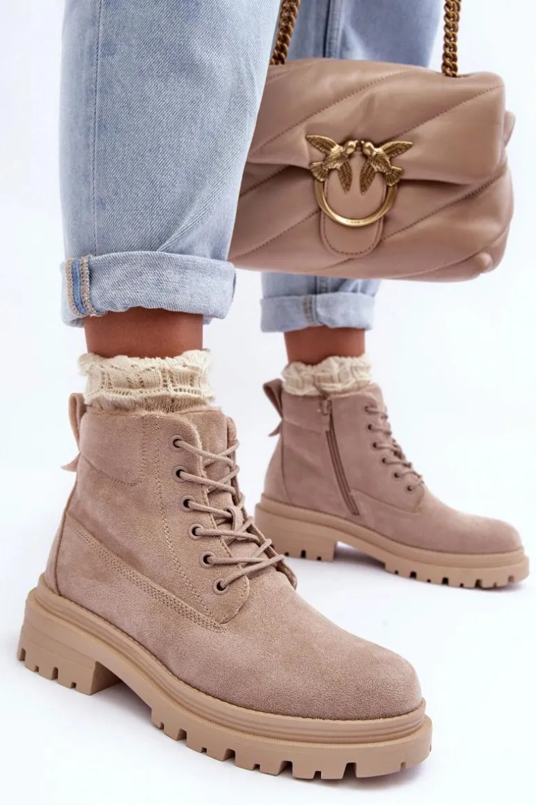 Zamszowe Trapery Botki Ocieplane Beżowe Alden