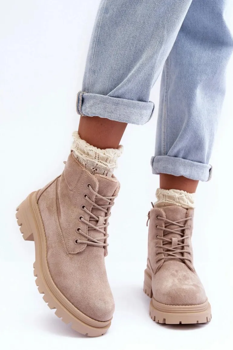 Zamszowe Trapery Botki Ocieplane Beżowe Alden