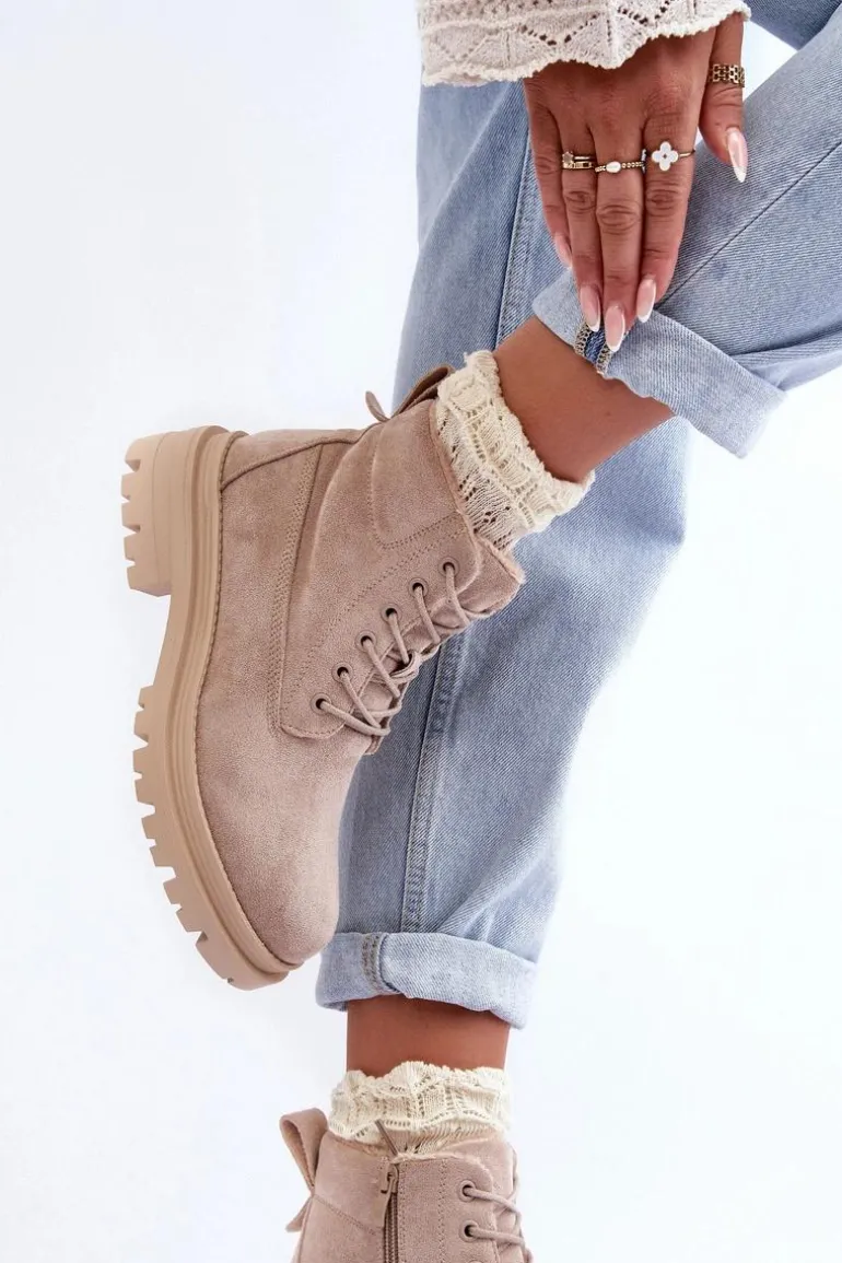 Zamszowe Trapery Botki Ocieplane Beżowe Alden