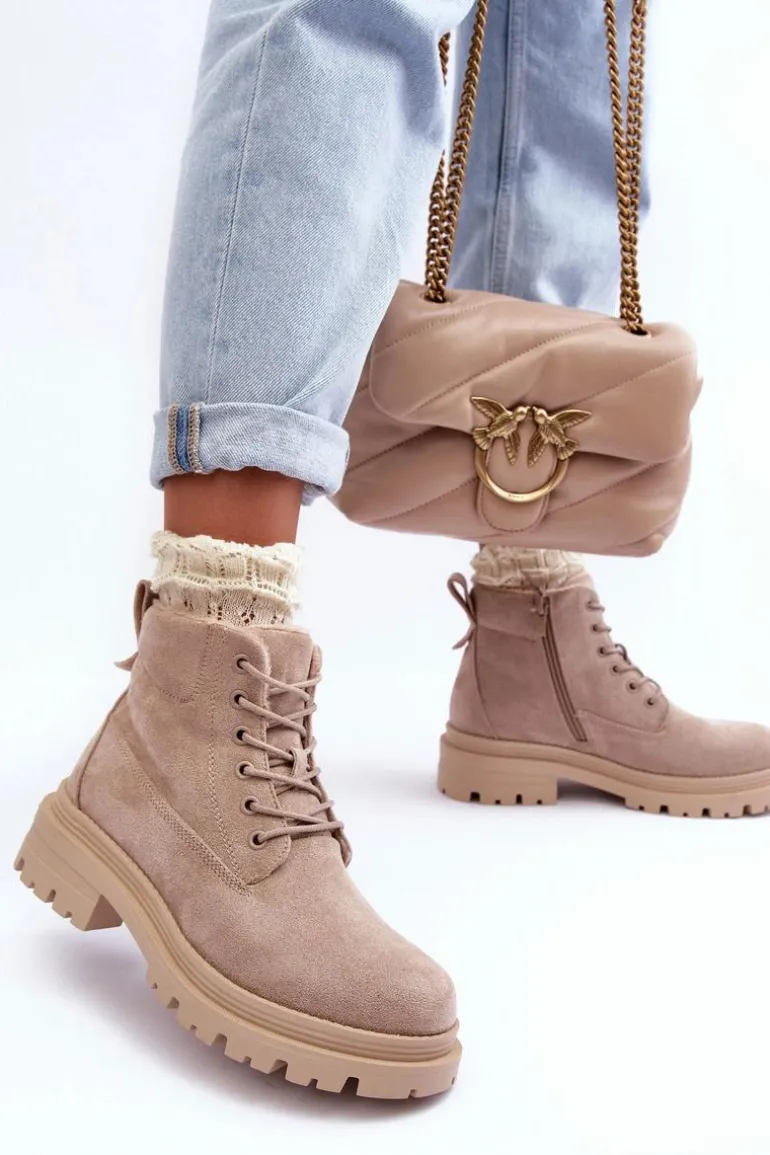 Zamszowe Trapery Botki Ocieplane Beżowe Alden