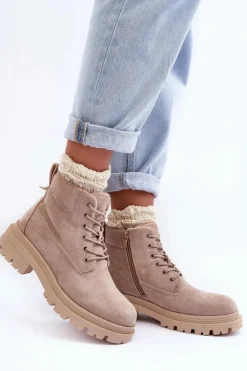 Zamszowe Trapery Botki Ocieplane Beżowe Alden