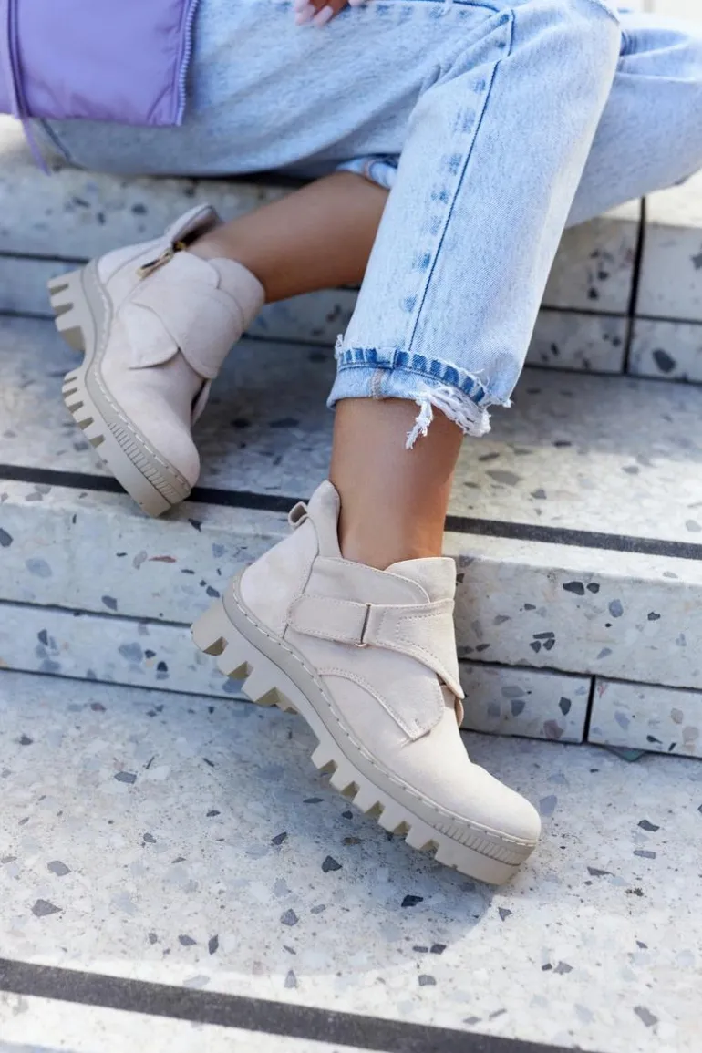 Zamszowe Wiosenne Botki Trapery Na Suwak Jasnobeżowe Remgate