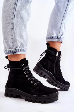 Zamszowe Wiosenne Botki Trapery Z Przeszyciami Czarne Layden