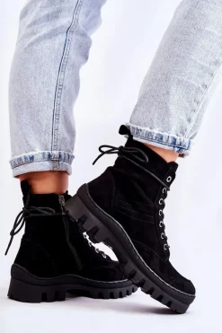 Zamszowe Wiosenne Botki Trapery Z Przeszyciami Czarne Layden