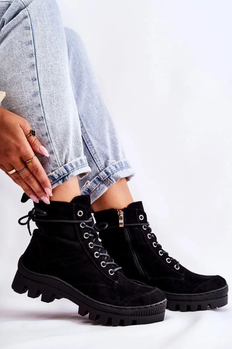 Zamszowe Wiosenne Botki Trapery Z Przeszyciami Czarne Layden