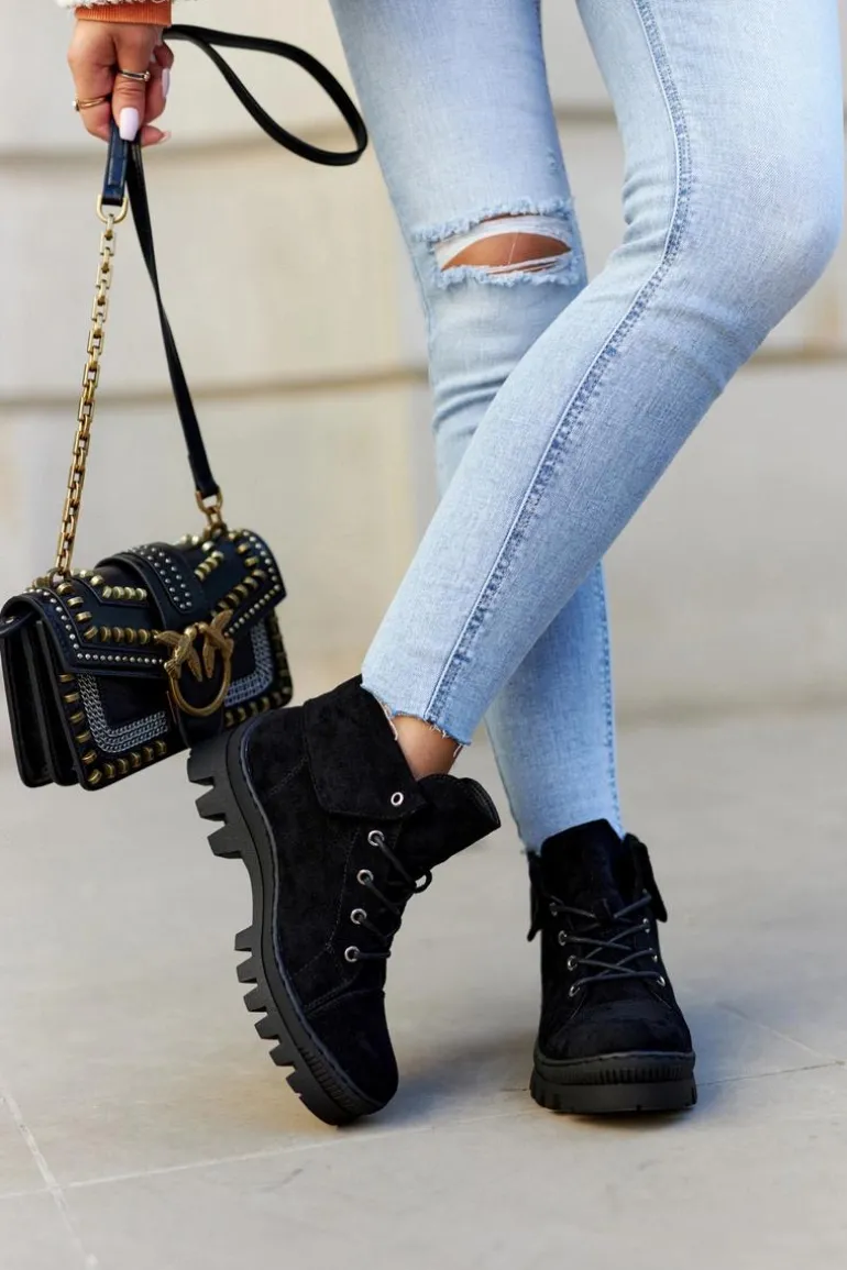 Zamszowe Wiosenne Botki Trapery Wiązane Czarne Dalles