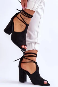 Zamszowe Wiązane Sandały Na Obcasie Czarne Sophie