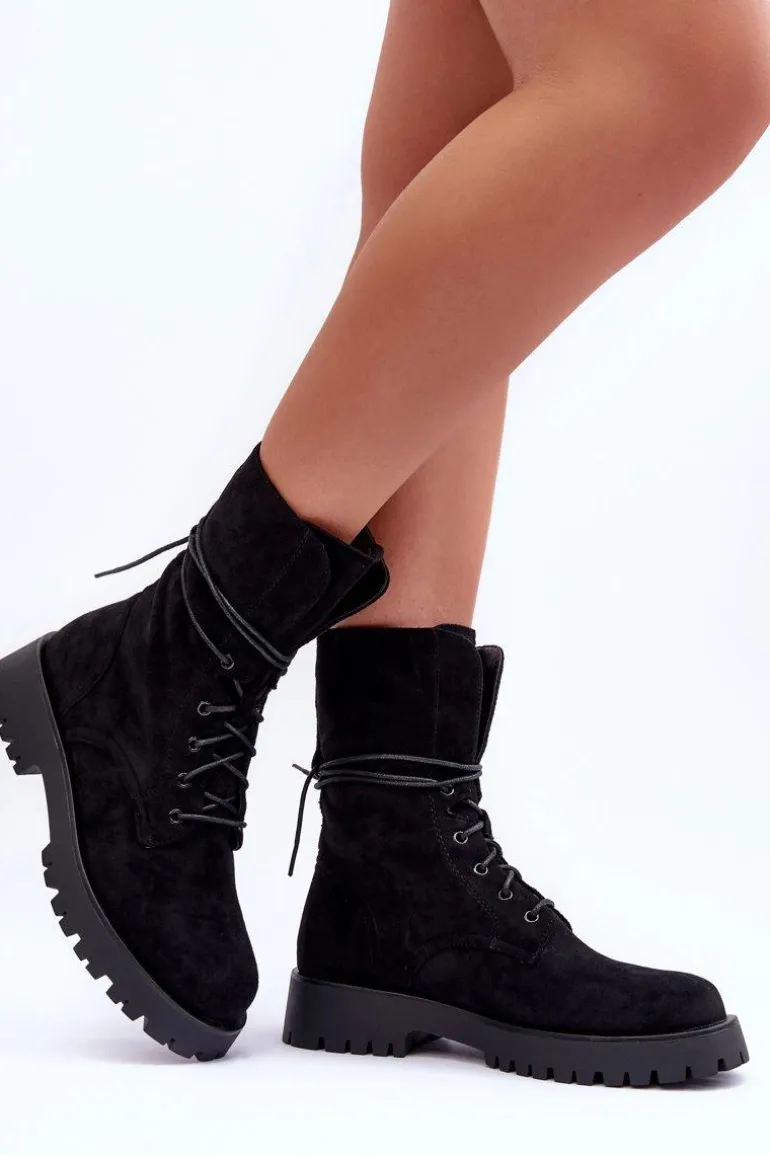 Zamszowe Workery Botki Na Płaskim Obcasie Czarne Jence