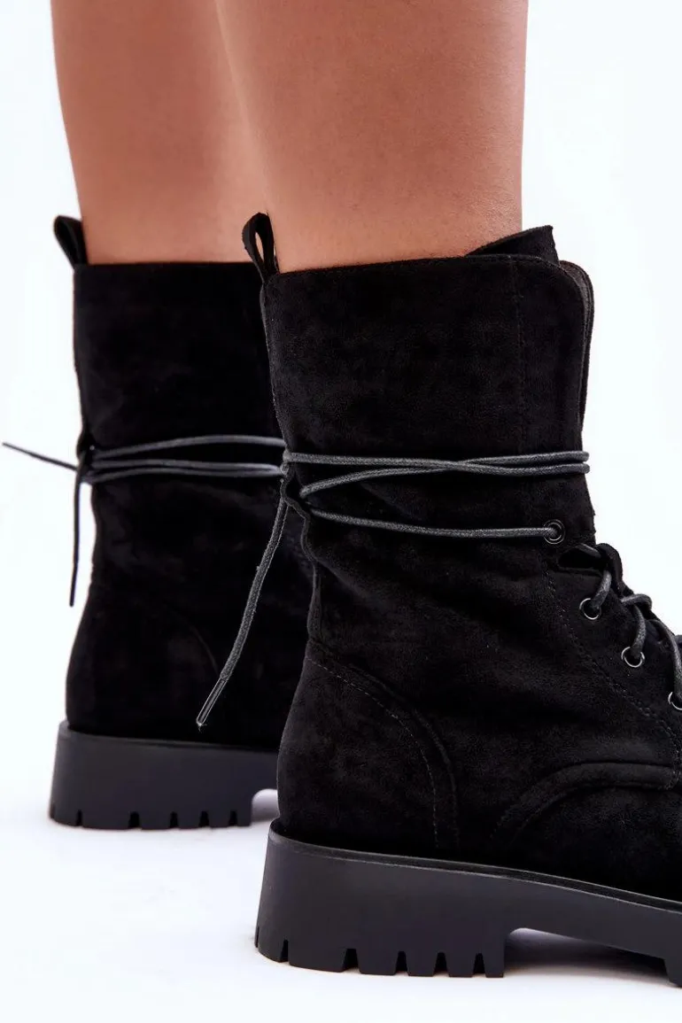 Zamszowe Workery Botki Na Płaskim Obcasie Czarne Jence