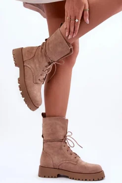 Zamszowe Workery Botki Na Płaskim Obcasie Beżowe Jence