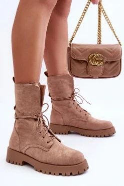 Zamszowe Workery Botki Na Płaskim Obcasie Beżowe Jence