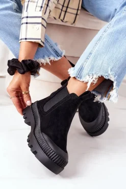 Zamszowe Workery Na Platformie Czarne Come With Me