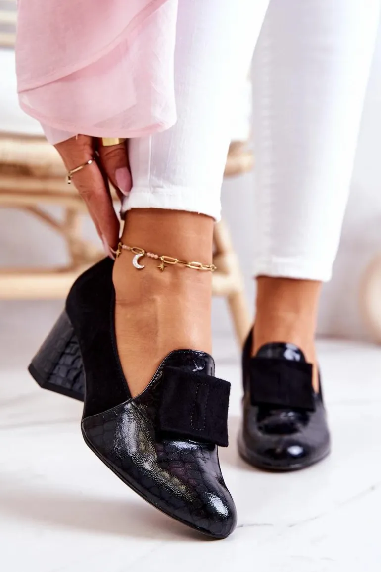 Zamszowe Wężowe Czółenka Czarne Diana