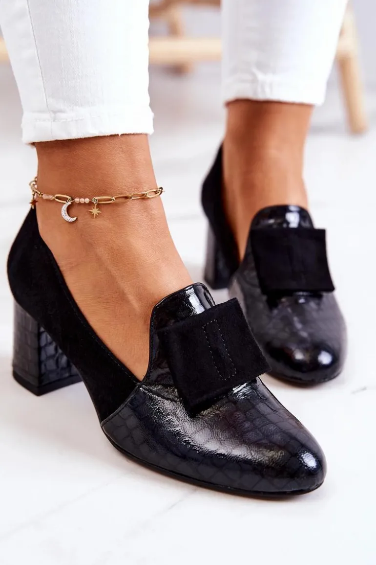 Zamszowe Wężowe Czółenka Czarne Diana