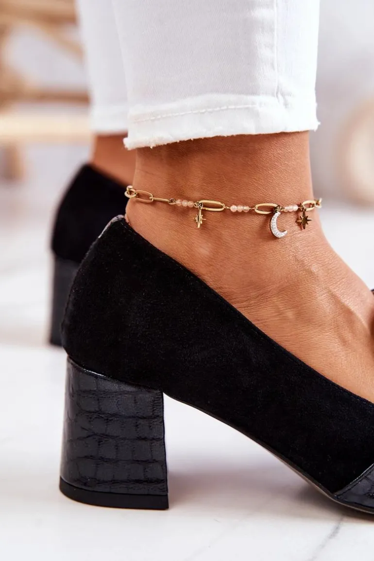 Zamszowe Wężowe Czółenka Czarne Diana