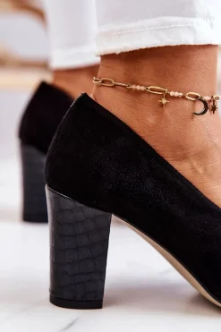 Zamszowe Wężowe Czółenka Czarne Kathleen