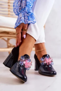 Zamszowe Wężowe Czółenka Na Słupku Czarne Sofie