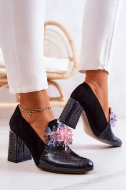 Zamszowe Wężowe Czółenka Na Słupku Czarne Sofie