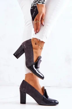 Zamszowe Wężowe Czółenka Szare Kathleen