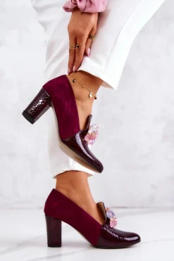 Zamszowe Wężowe Czółenka Z Ozdobą Bordowe Mallory