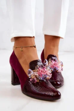 Zamszowe Wężowe Czółenka Z Ozdobą Bordowe Mallory