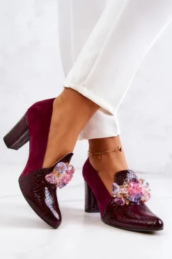 Zamszowe Wężowe Czółenka Z Ozdobą Bordowe Mallory