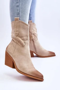 Zamszowe Wsuwane Botki Kowbojki Beżowe Sevilla