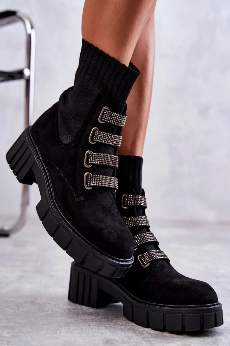 Zamszowe Wsuwane Botki Skarpetkowe Czarne Hope