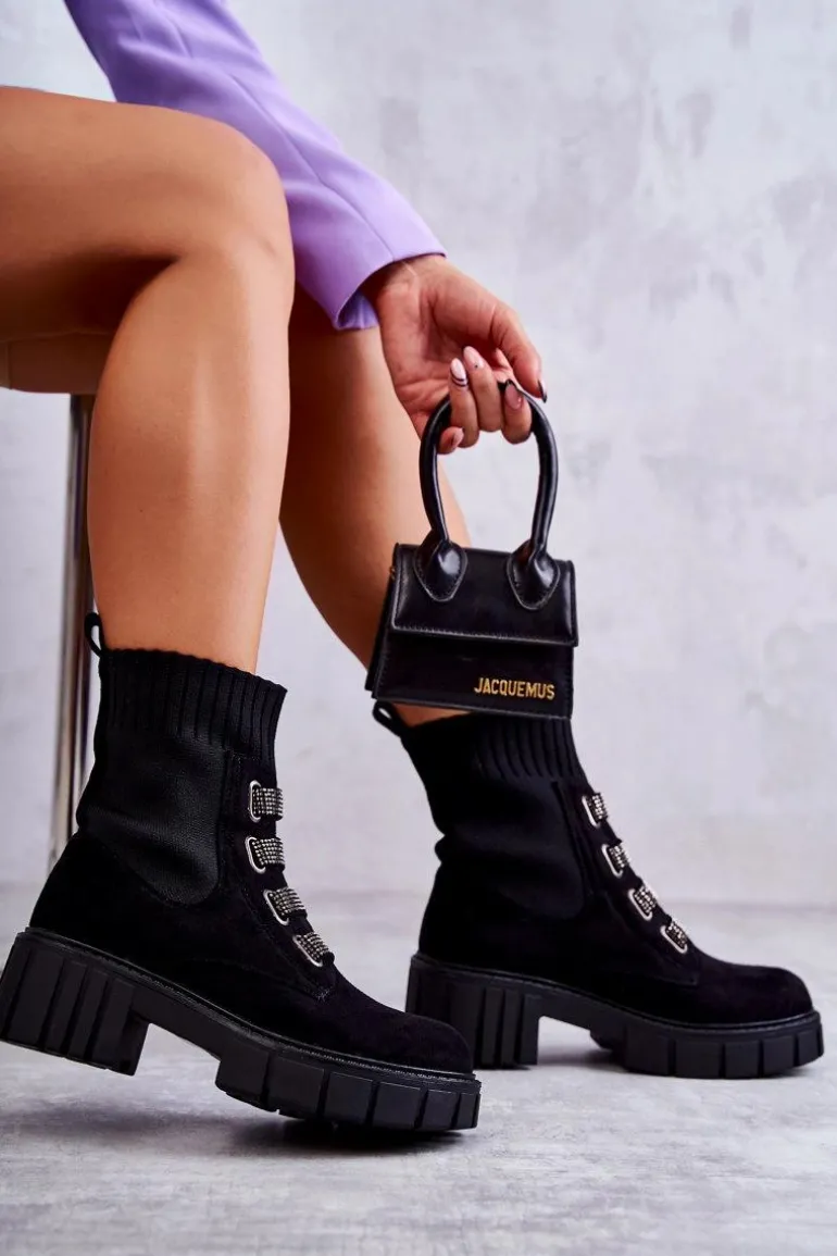 Zamszowe Wsuwane Botki Skarpetkowe Czarne Hope