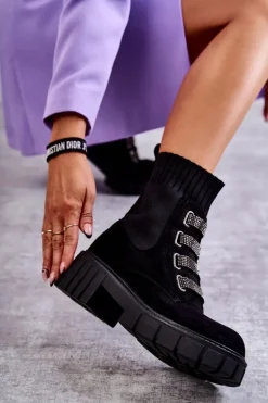 Zamszowe Wsuwane Botki Skarpetkowe Czarne Hope