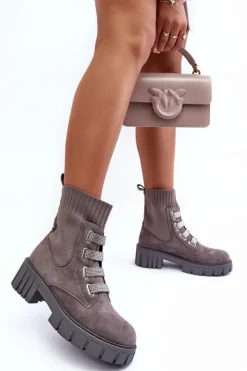 Zamszowe Wsuwane Botki Skarpetkowe Szare Hope