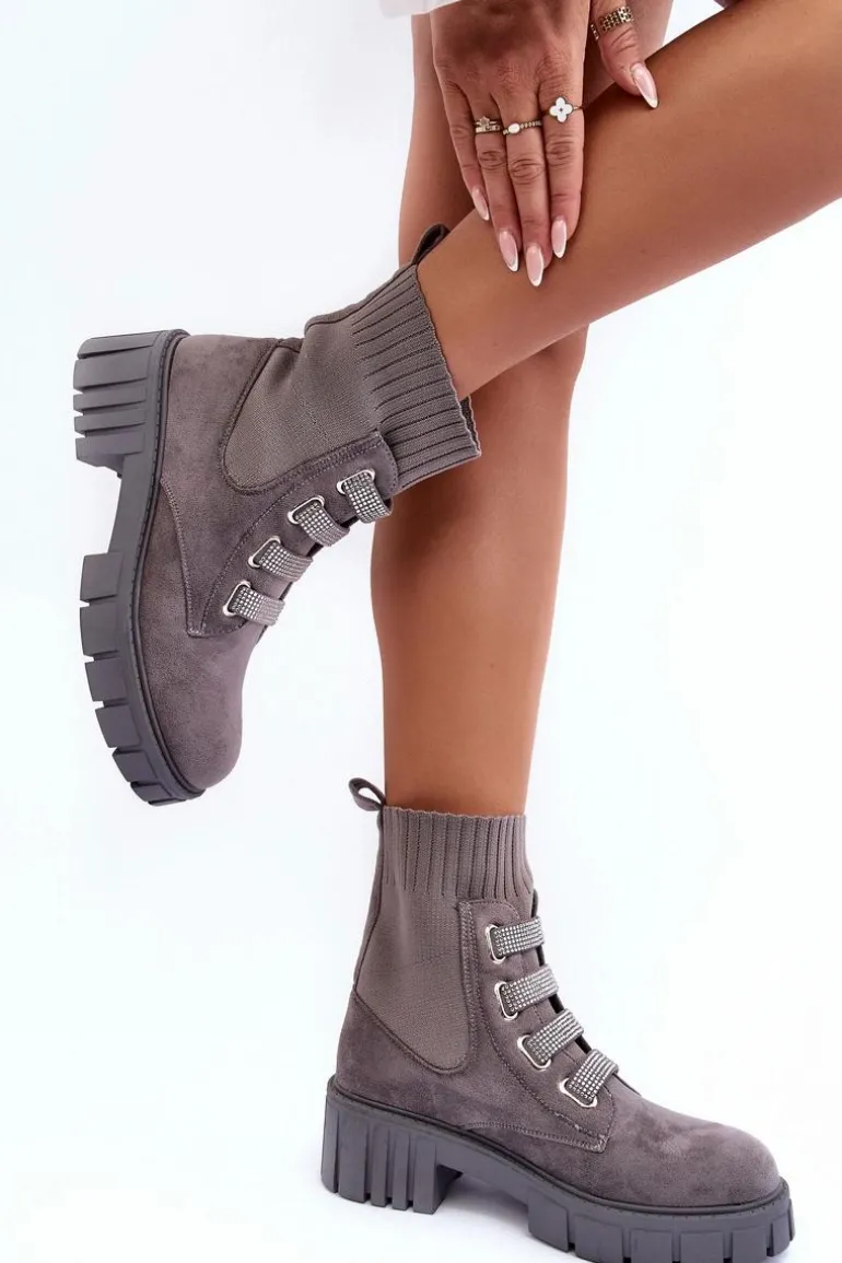 Zamszowe Wsuwane Botki Skarpetkowe Szare Hope