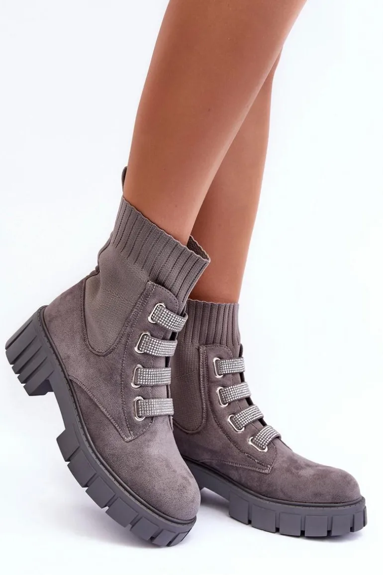 Zamszowe Wsuwane Botki Skarpetkowe Szare Hope