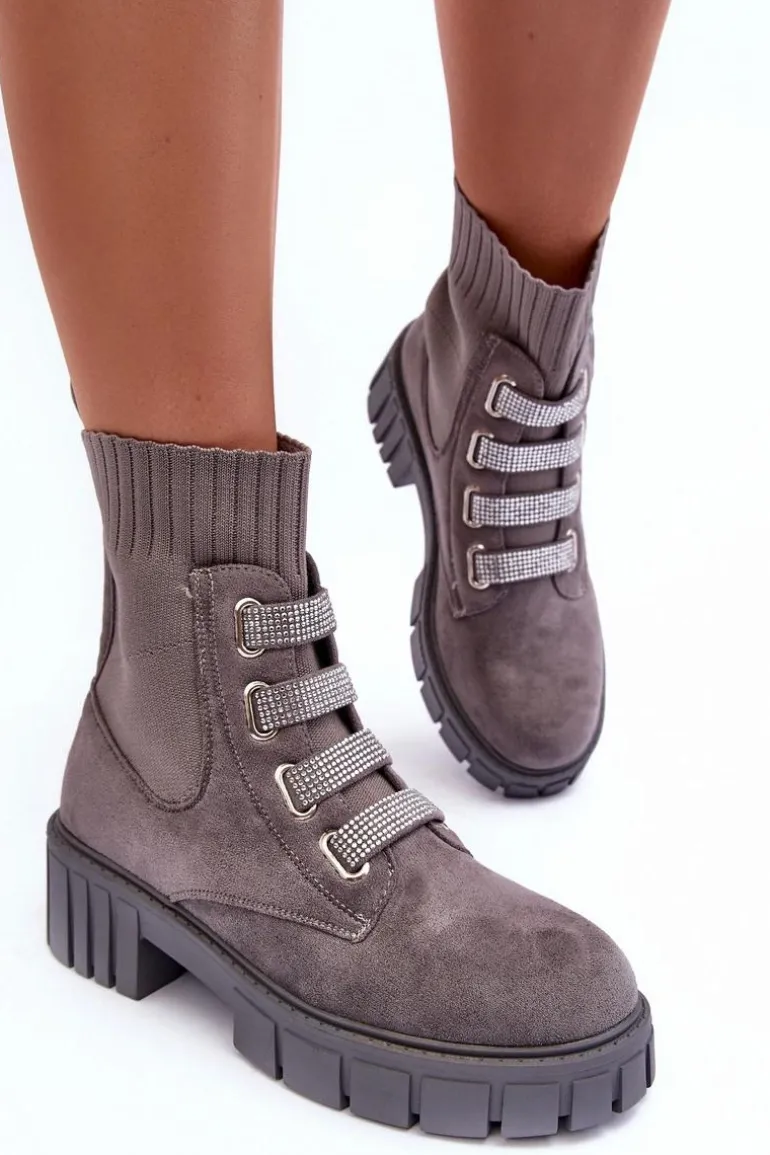 Zamszowe Wsuwane Botki Skarpetkowe Szare Hope