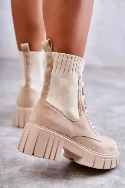 Zamszowe Wsuwane Botki Skarpetkowe Beżowe Hope