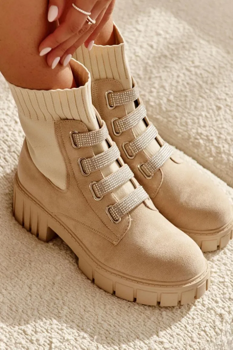 Zamszowe Wsuwane Botki Skarpetkowe Beżowe Hope