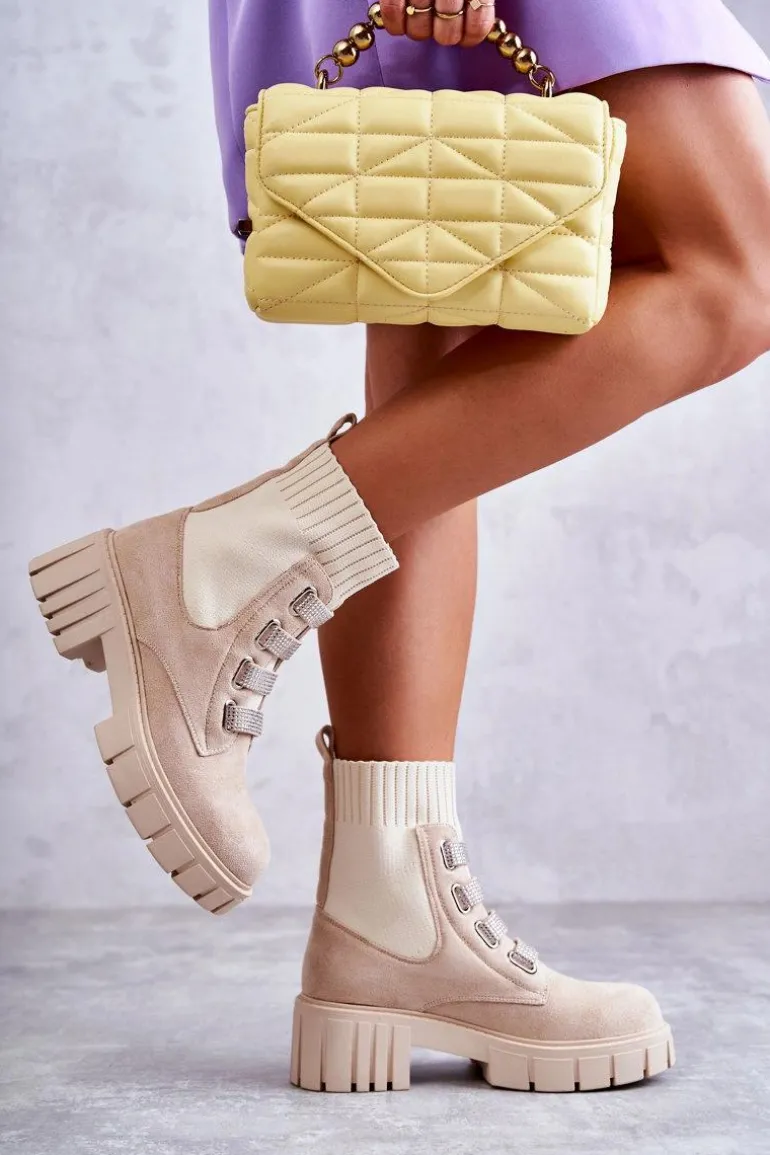 Zamszowe Wsuwane Botki Skarpetkowe Beżowe Hope