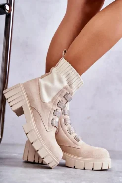 Zamszowe Wsuwane Botki Skarpetkowe Beżowe Hope