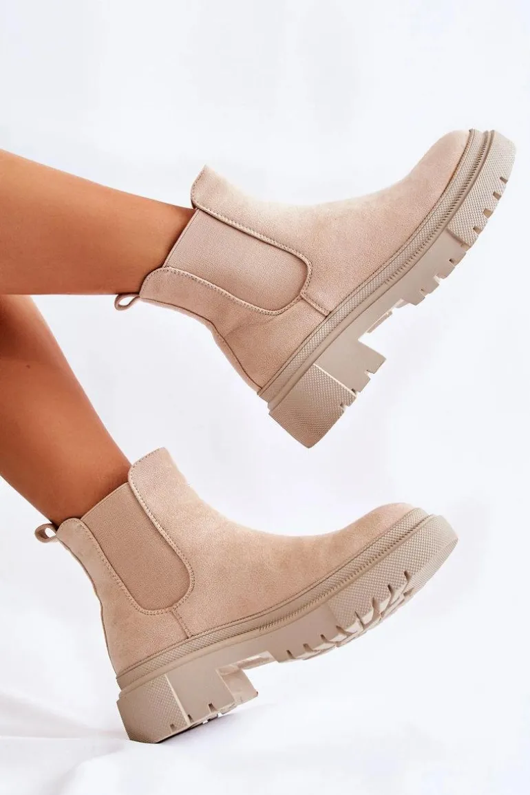 Zamszowe Wsuwane Botki Workery Beżowe Lorea