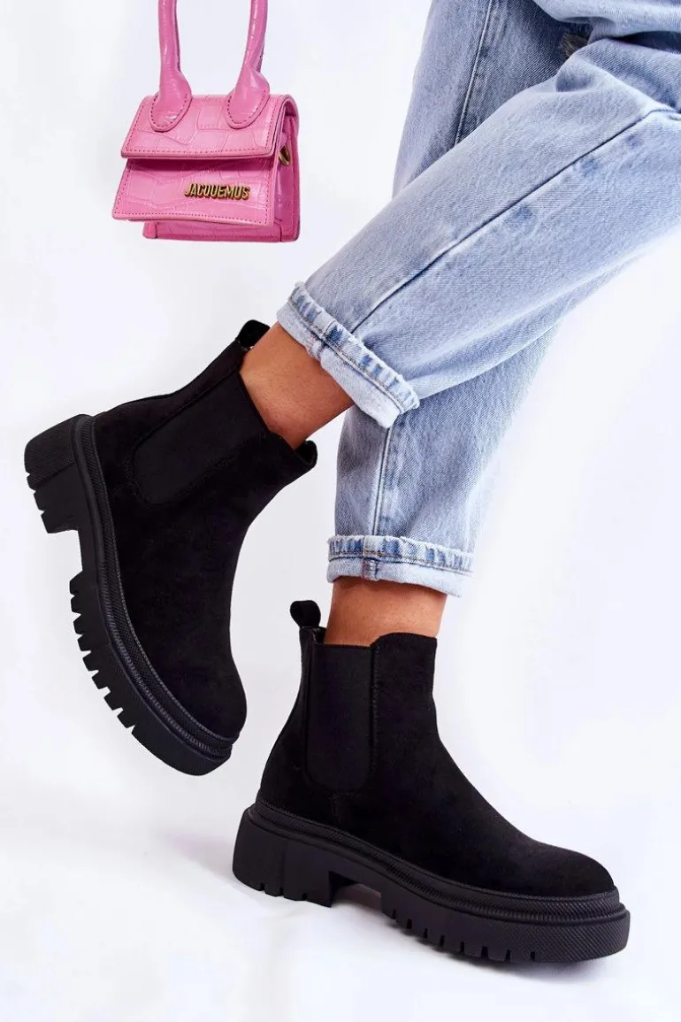 Zamszowe Wsuwane Botki Workery Czarne Lorea