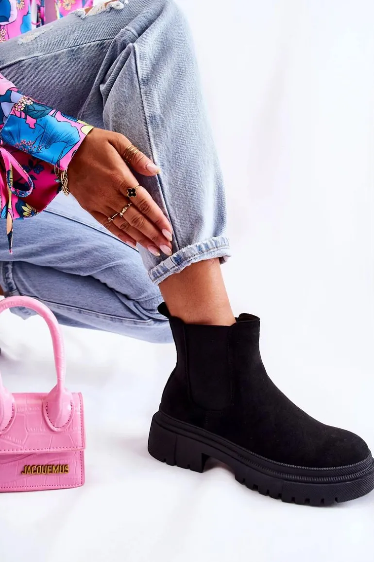 Zamszowe Wsuwane Botki Workery Czarne Lorea