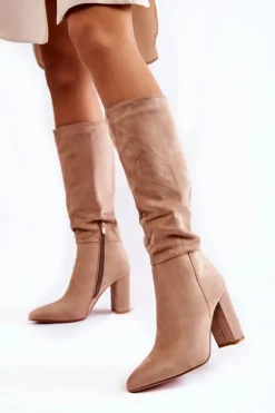Zamszowe Wsuwane Kozaki Na Obcasie Beżowe Miriam