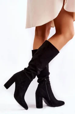 Zamszowe Wsuwane Kozaki Na Obcasie Czarne Miriam