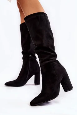 Zamszowe Wsuwane Kozaki Na Obcasie Czarne Miriam