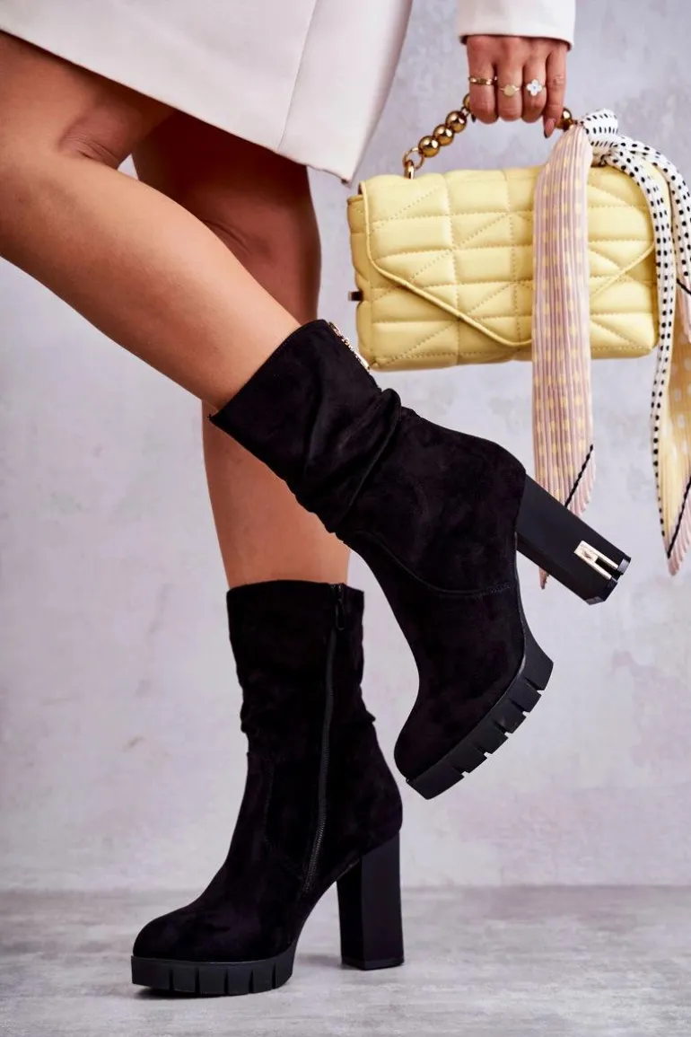 Zamszowe Wysokie Botki Na Słupku Czarne Volter