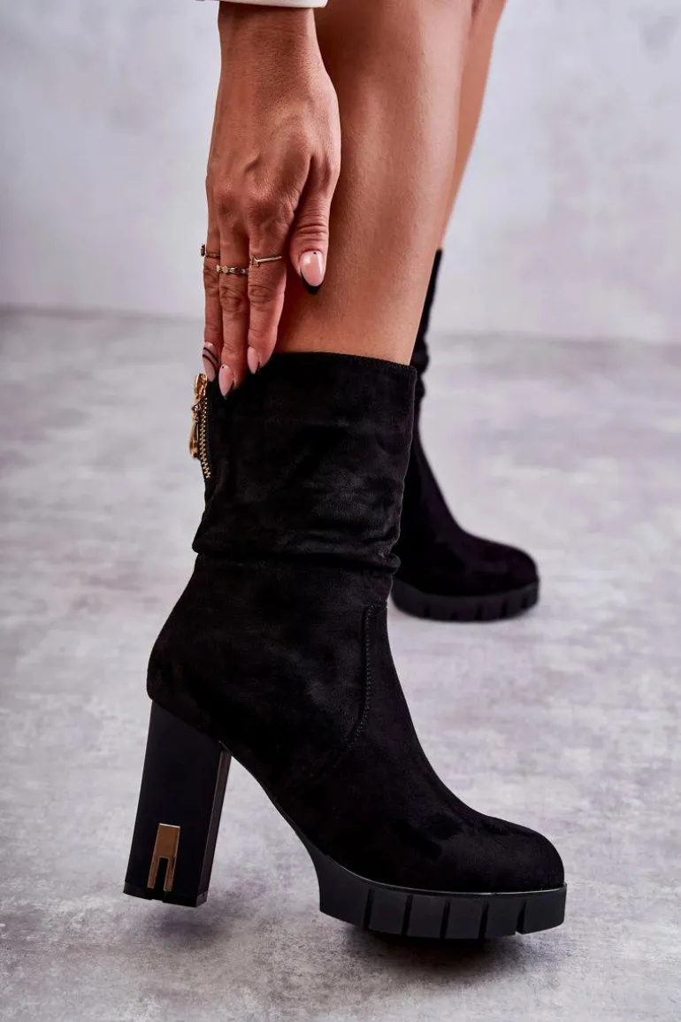 Zamszowe Wysokie Botki Na Słupku Czarne Volter