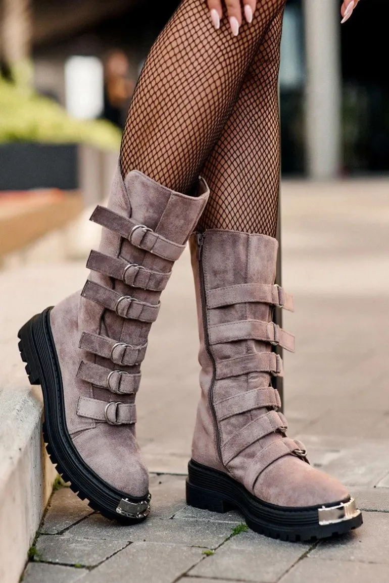 Zamszowe Wysokie Botki Workery Z Paskami Ciemnobeżowe Elnatea