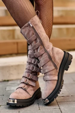 Zamszowe Wysokie Botki Workery Z Paskami Ciemnobeżowe Elnatea