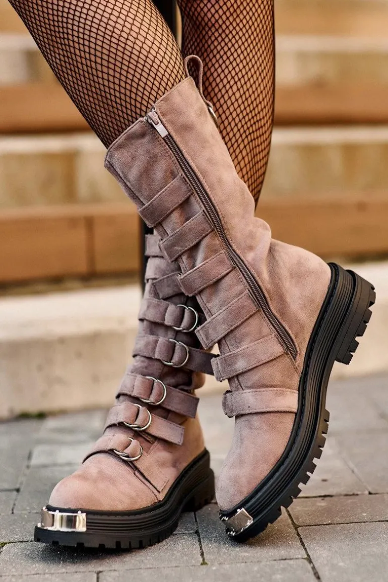 Zamszowe Wysokie Botki Workery Z Paskami Ciemnobeżowe Elnatea